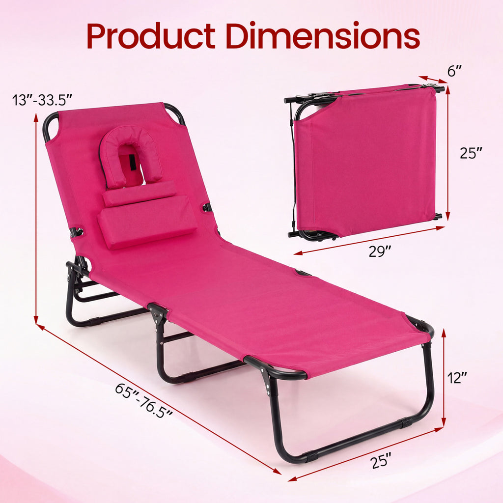 Folding Face Down Tanning Chair with 3 Removable Pillows - Pink