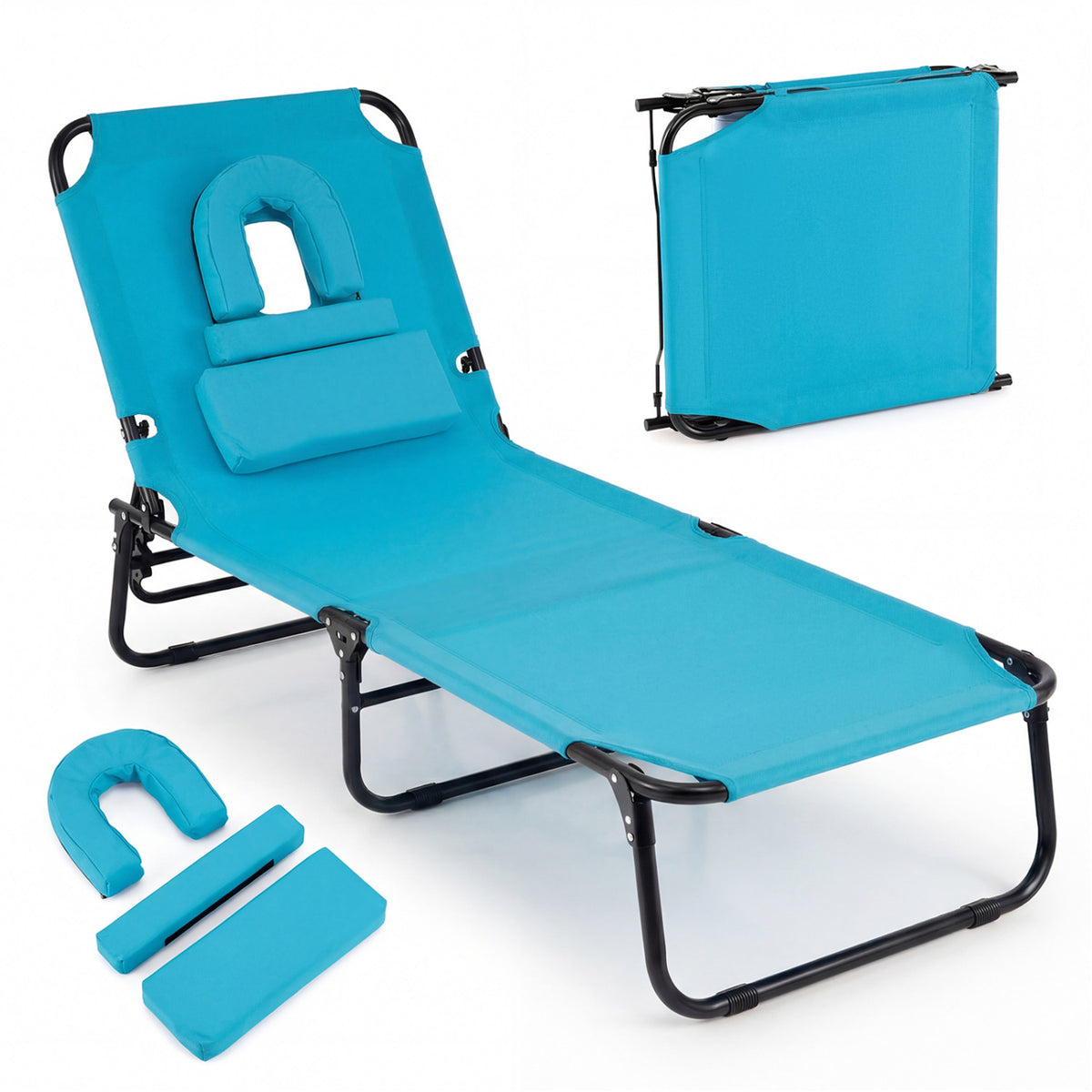 Folding Face Down Tanning Chair with Hole 3 Removable Pillows