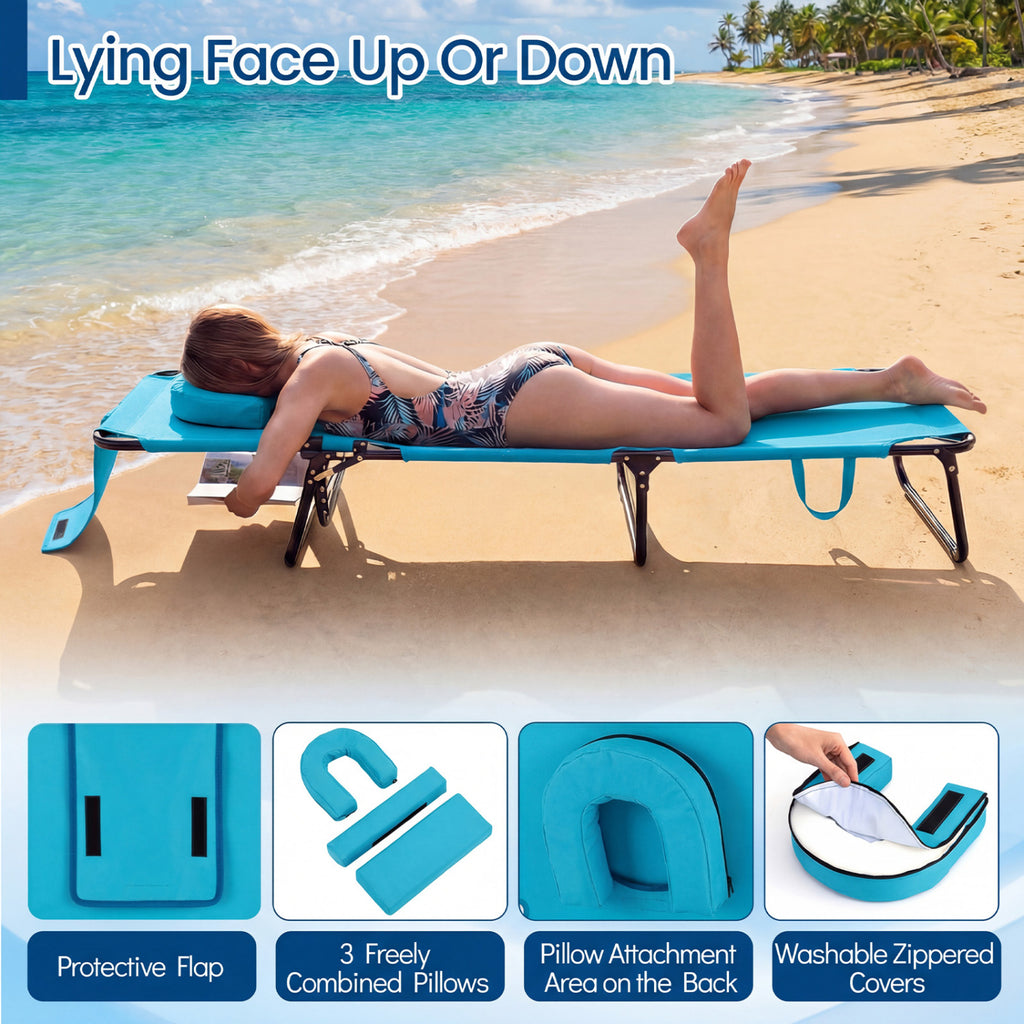 Folding Face Down Tanning Chair with Hole 3 Removable Pillows
