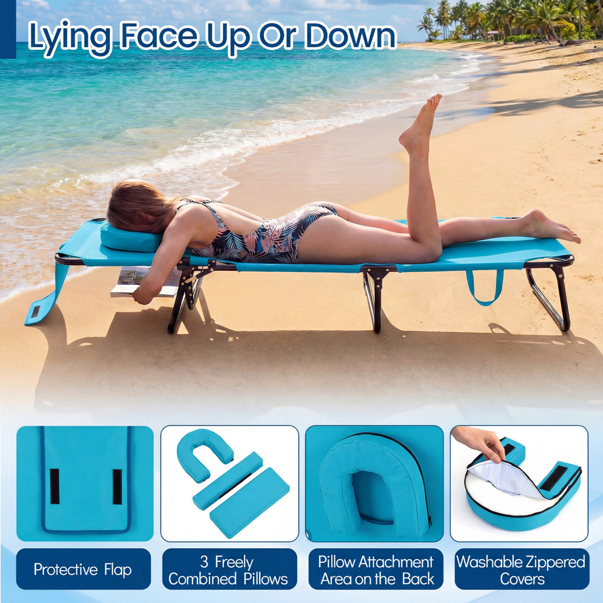 Folding Face Down Tanning Chair with Hole 3 Removable Pillows