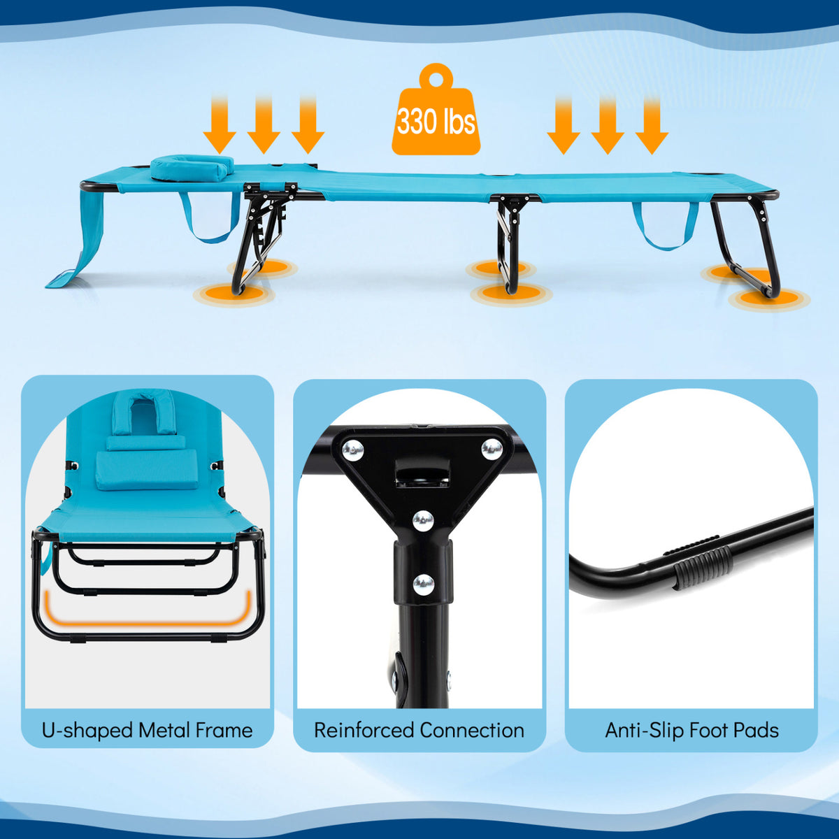 Folding Face Down Tanning Chair with Hole 3 Removable Pillows