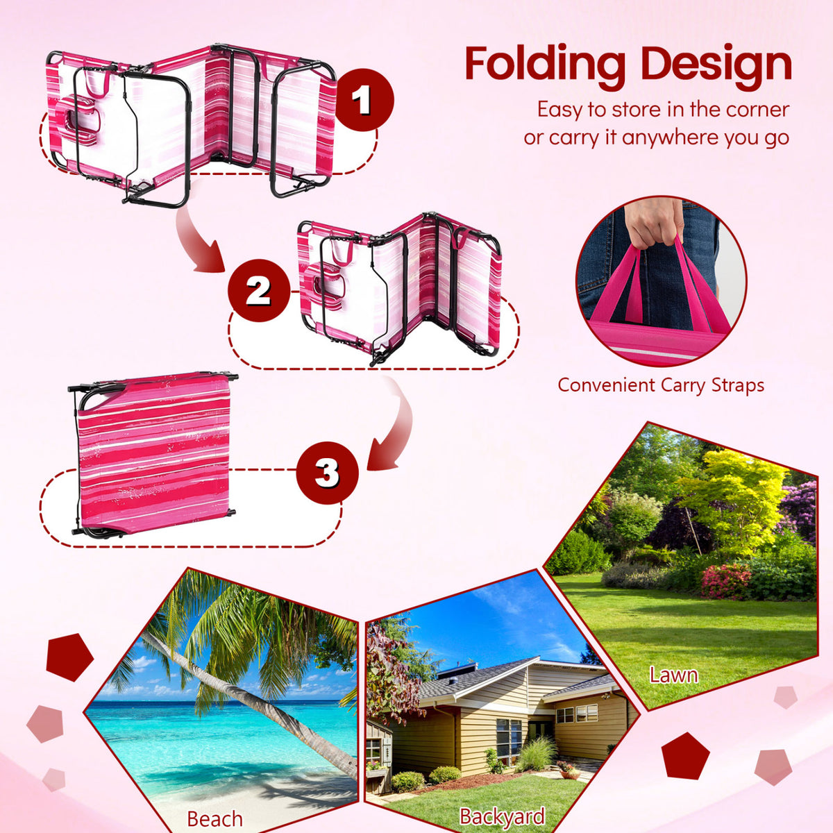 Folding Face Down Tanning Chair with Face Hole, 3 Removable Pillows – Pink Stripe