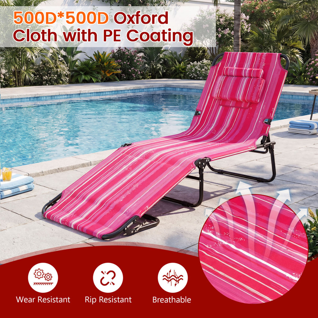 Folding Face Down Tanning Chair with Face Hole, 3 Removable Pillows – Pink Stripe