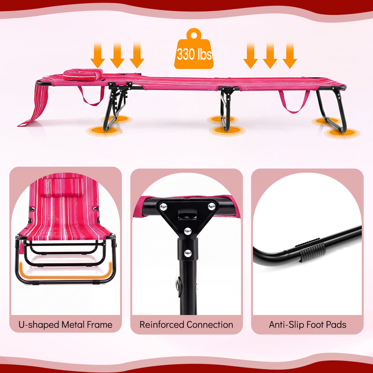 Folding Face Down Tanning Chair with Face Hole, 3 Removable Pillows – Pink Stripe