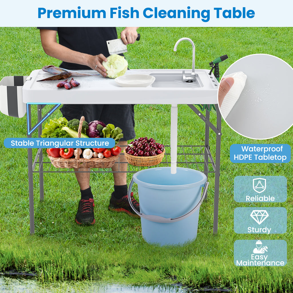 42.5" Folding Fish Cleaning Table with Sink & Faucet