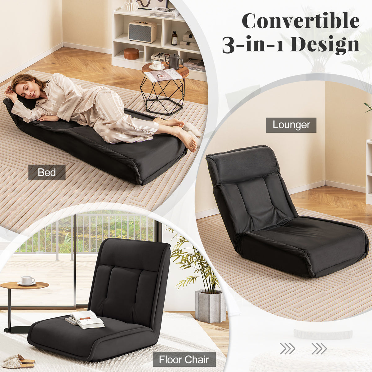 Folding Floor Chair 14-Position Adjustable Backrest - Black