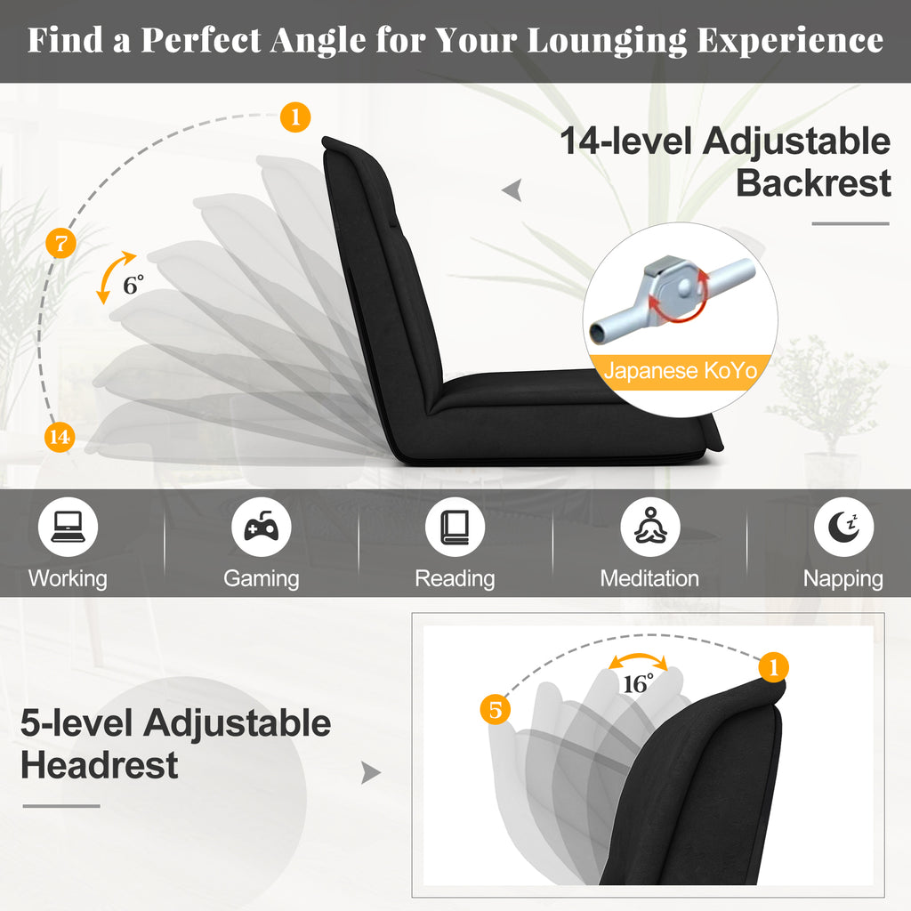 Folding Floor Chair 14-Position Adjustable Backrest - Black
