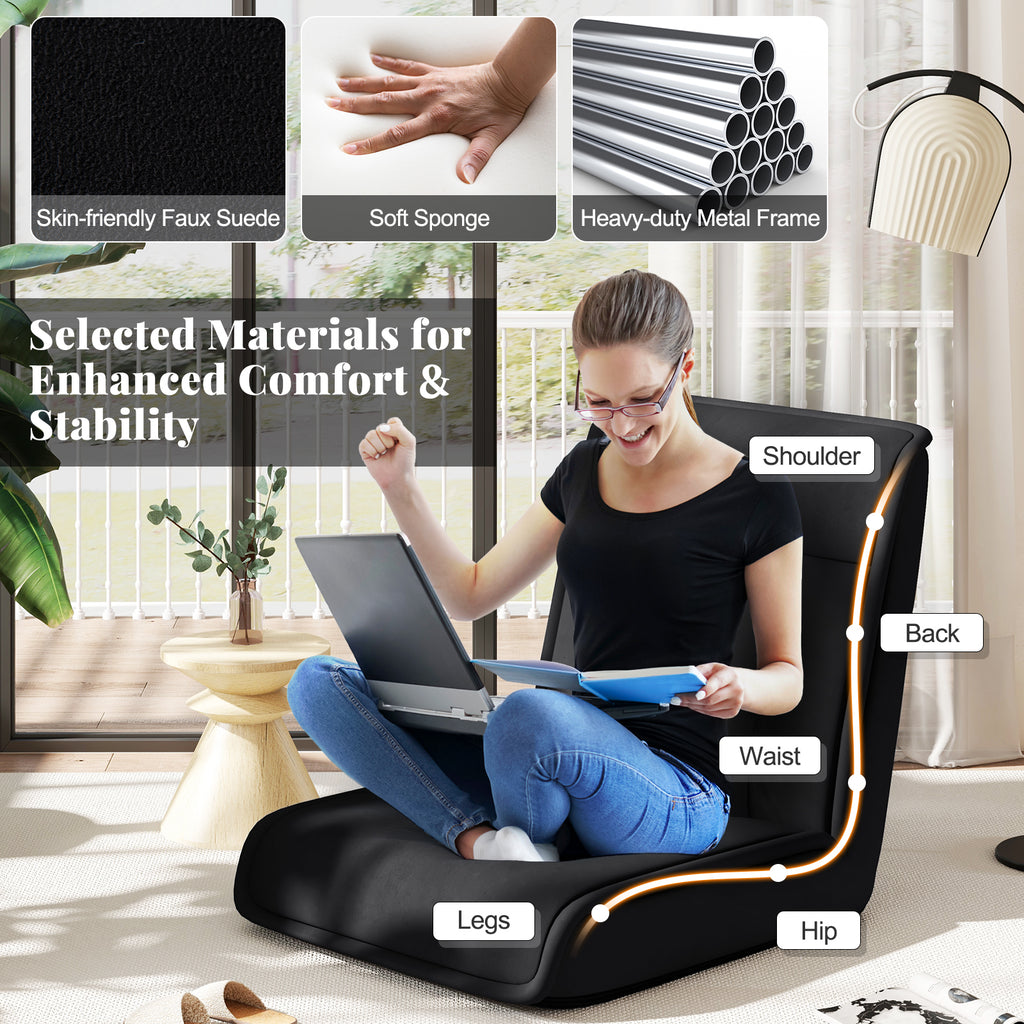 Folding Floor Chair 14-Position Adjustable Backrest - Black