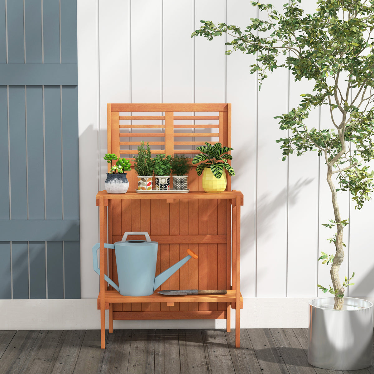 Folding Garden Potting Bench with 2-Tier Storage Shelves
