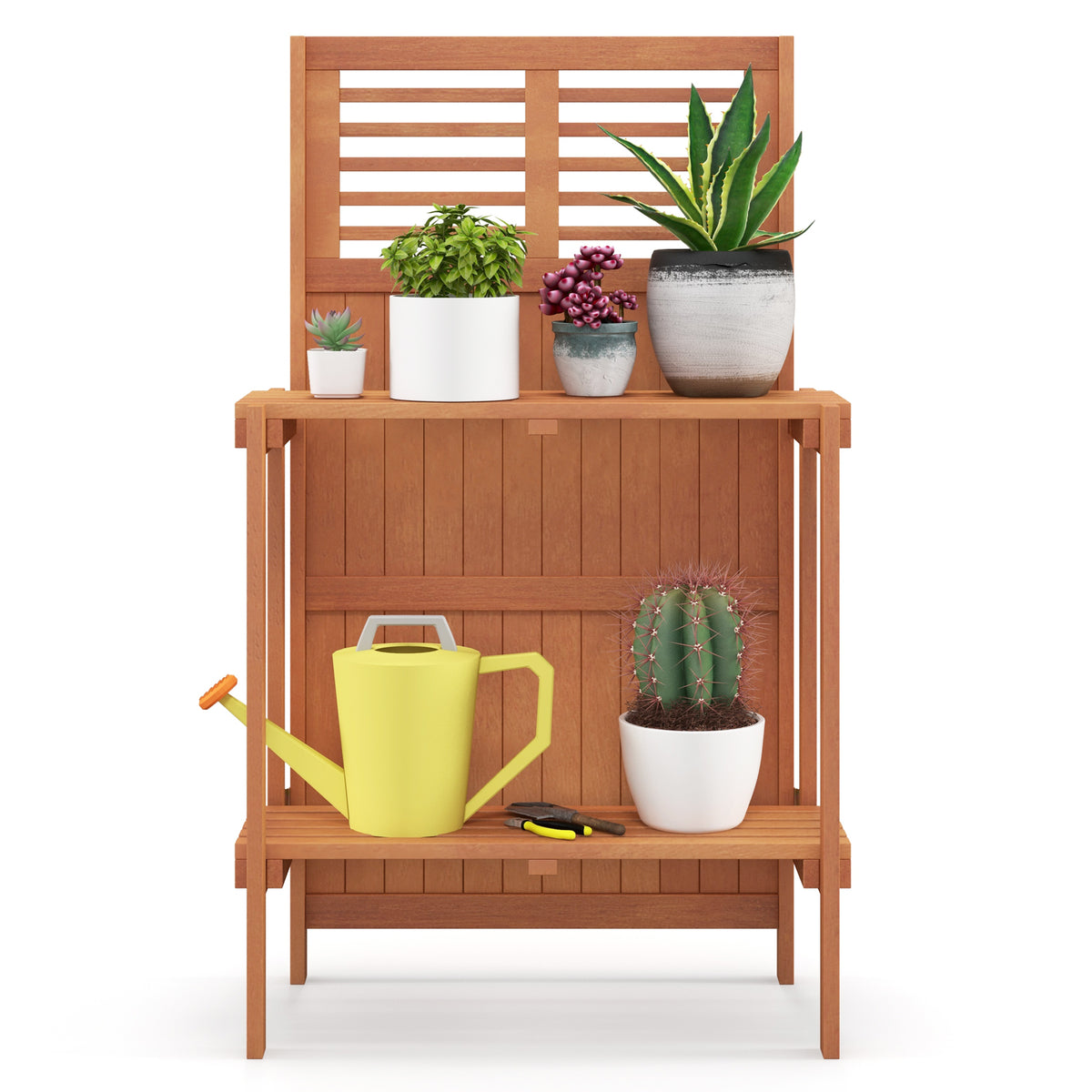 Folding Garden Potting Bench with 2-tier Storage Shelves and Teak Oil