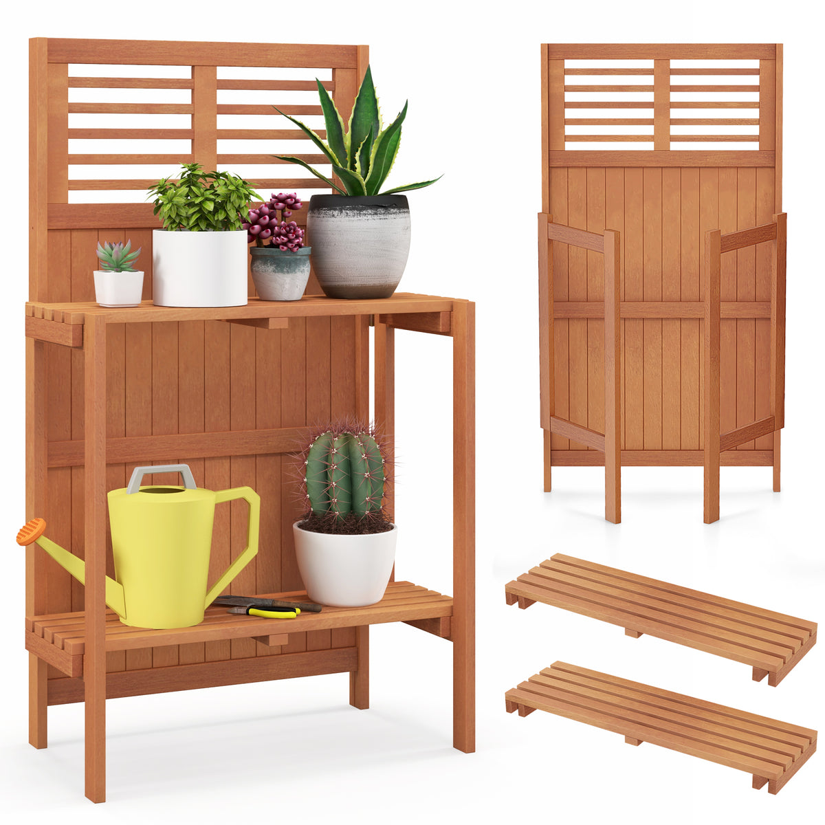 Folding Garden Potting Bench with 2-Tier Storage Shelves