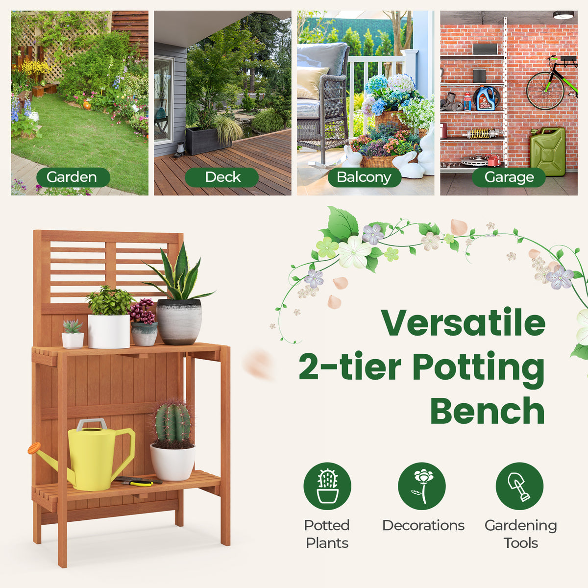Folding Garden Potting Bench with 2-tier Storage Shelves and Teak Oil