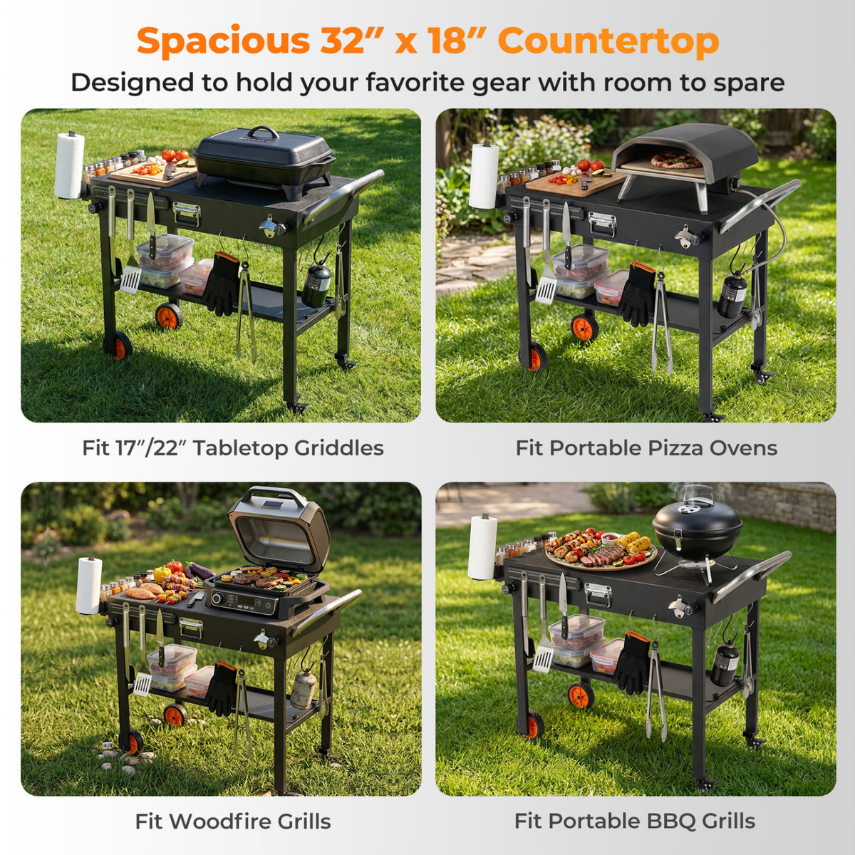 Folding Grill Cart for 17 and 22 Inch Griddles with Heat-Resistant Mat