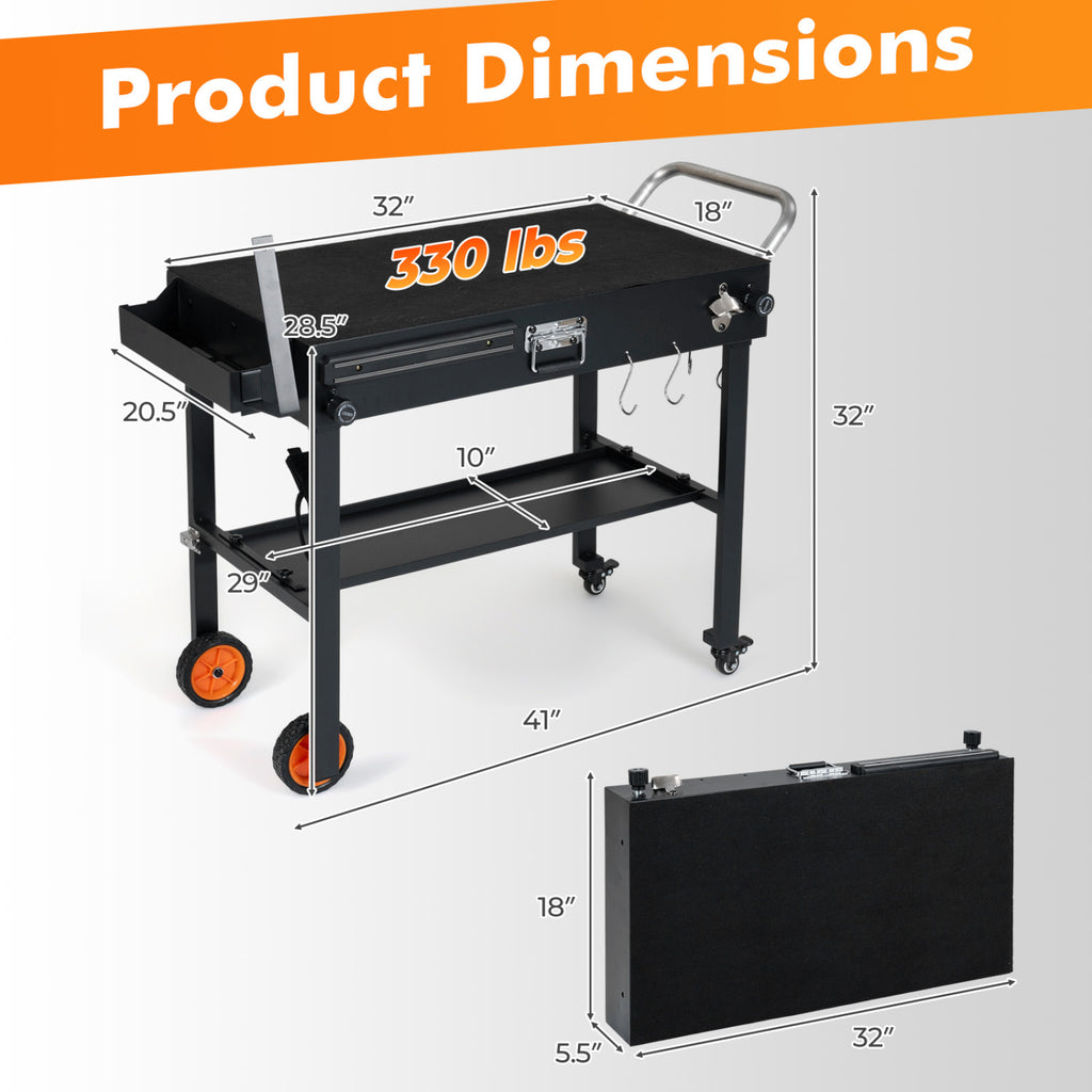 Folding Grill Cart for 17 and 22 Inch Griddles with Heat-Resistant Mat