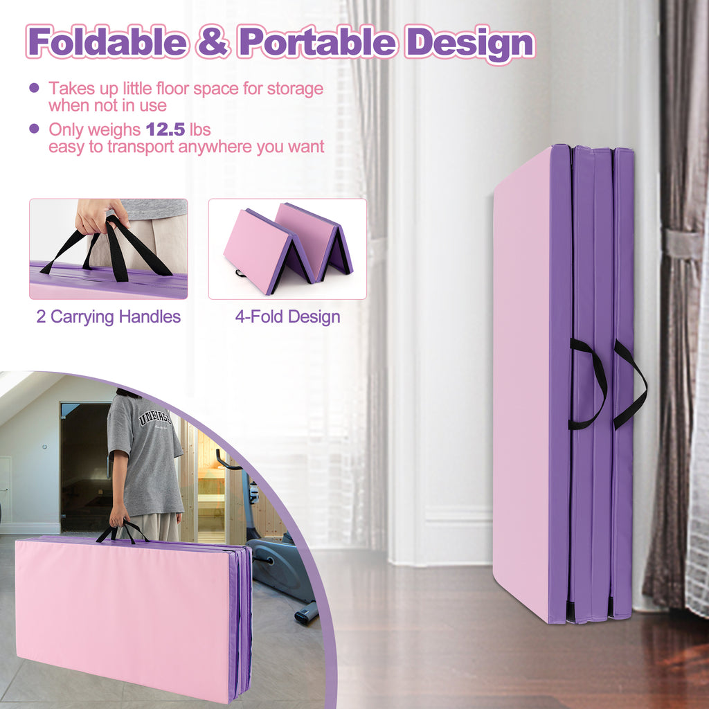 Pink 8x4 ft Folding Gymnastics Mat with Carry Handles & Detachable PU Cover