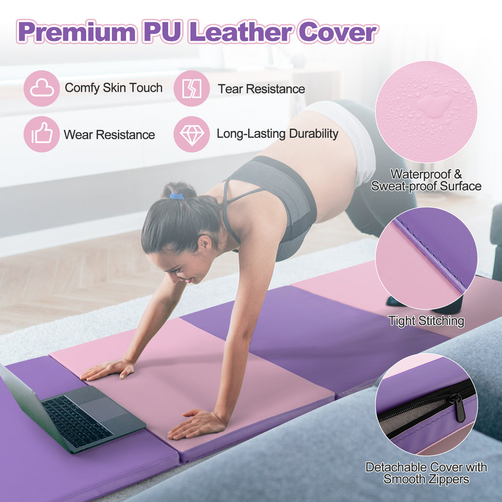 Pink 8x4 ft Folding Gymnastics Mat with Carry Handles & Detachable PU Cover
