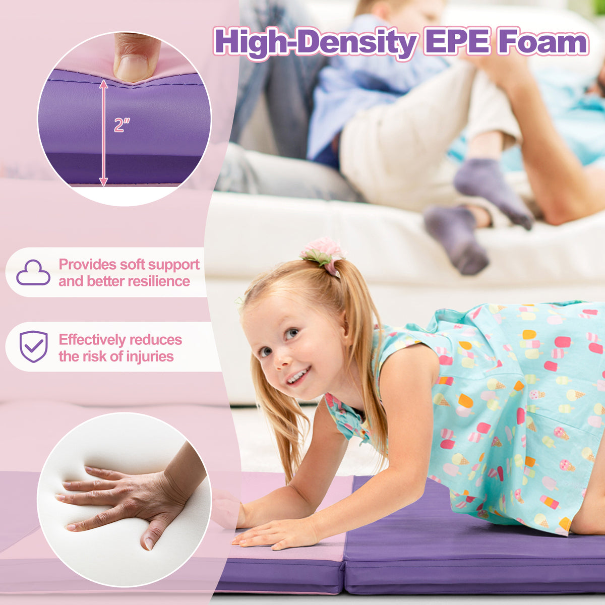 Pink 8x4 ft Folding Gymnastics Mat with Carry Handles & Detachable PU Cover