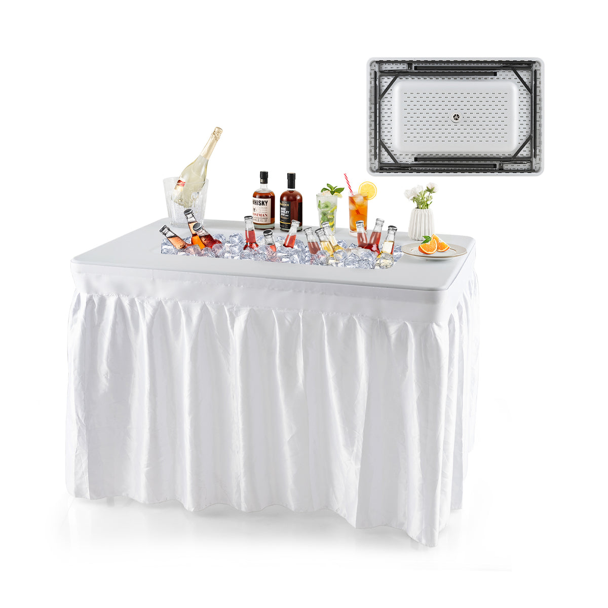 4 Feet Plastic Party Ice Folding Table with Skirt – 43.5" x 20" x 3"