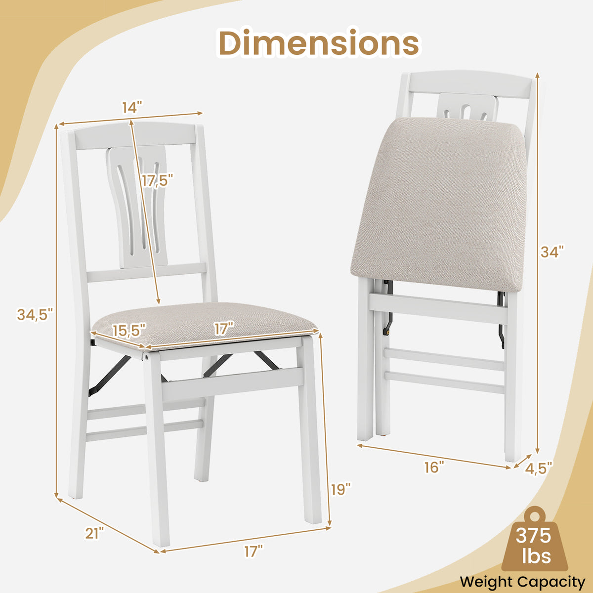 Folding Dining Chairs Set of 2, White - Ergonomic Padded