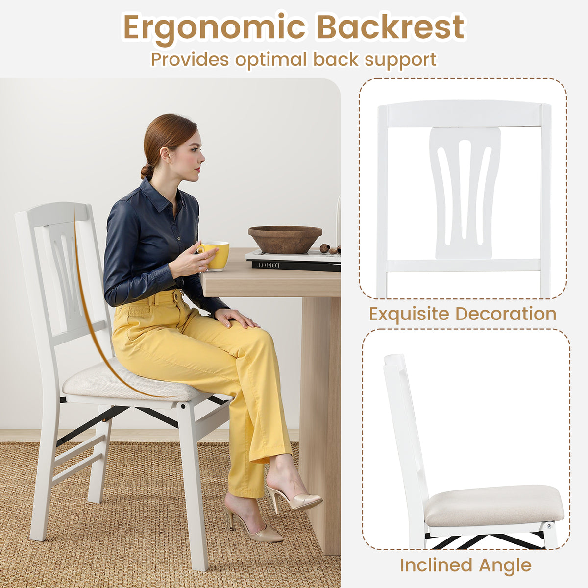 Folding Dining Chairs Set of 2, White - Ergonomic Padded