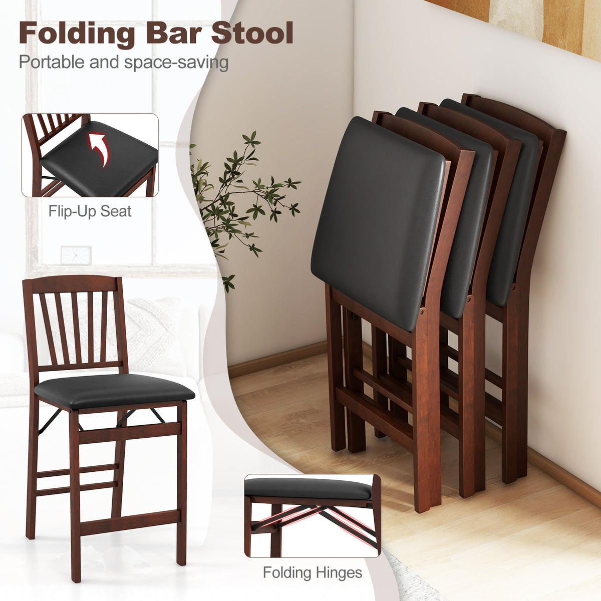 Folding Counter Height Bar Stool with Padded Seat - Brown