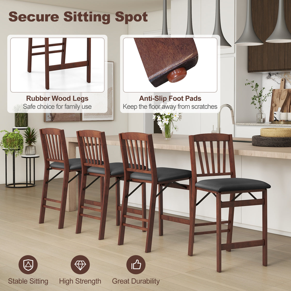 Folding Counter Height Bar Stool with Padded Seat - Brown