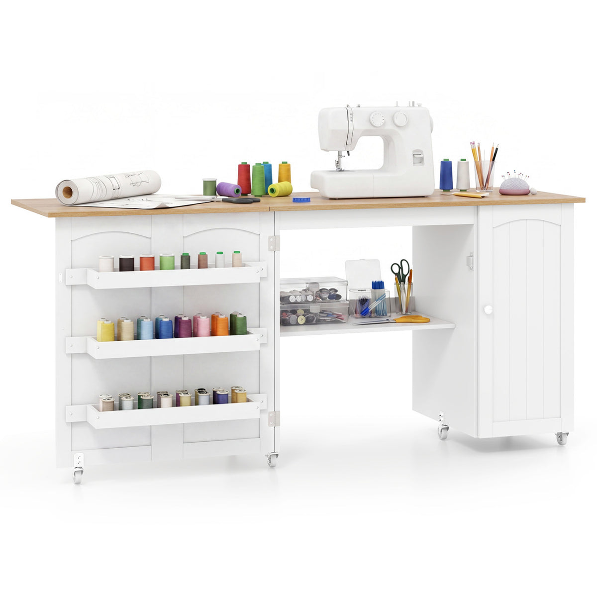 Folding Large Sewing Table Storage Shelves and Lockable Casters
