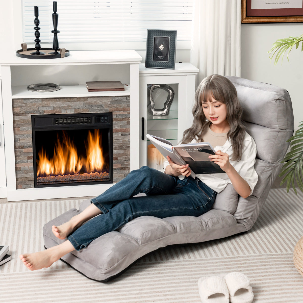 Folding Lazy Sofa Couch with Pillow - Gray