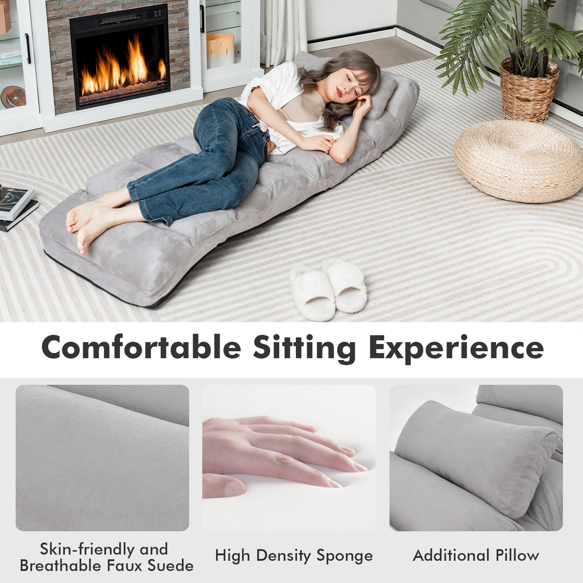 Folding Lazy Sofa Couch with Pillow - Gray