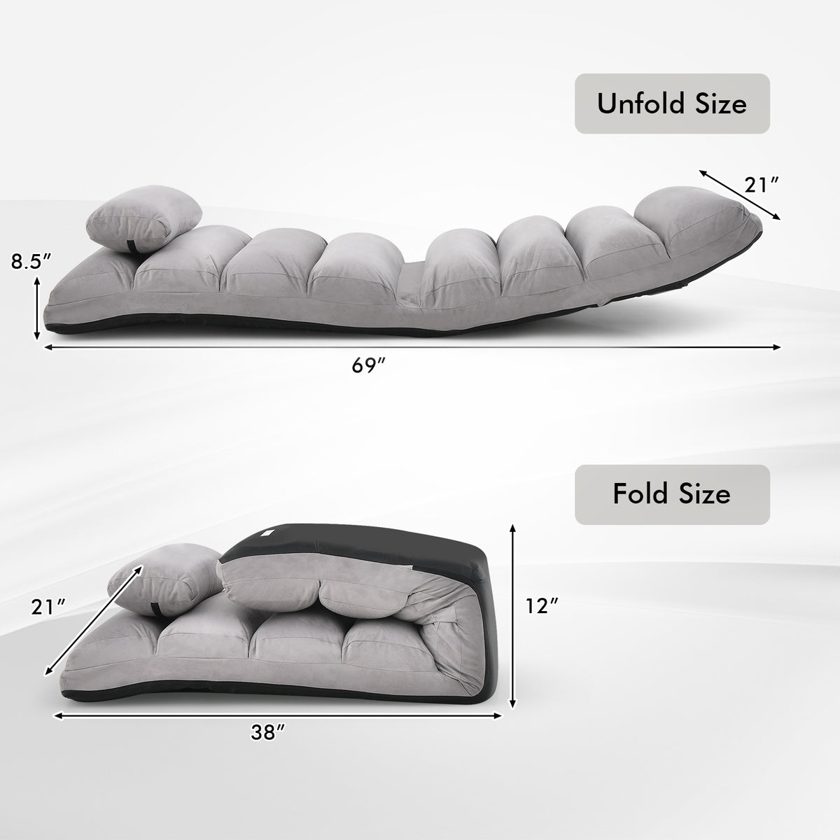 Folding Lazy Sofa Couch with Pillow - Gray