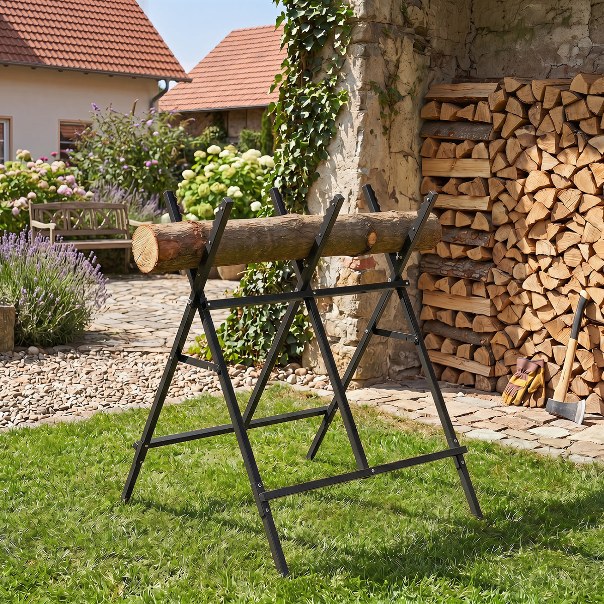 Folding Log Saw Horse with Anti-Slip Sawteeth and Non-Slip Foot Pads