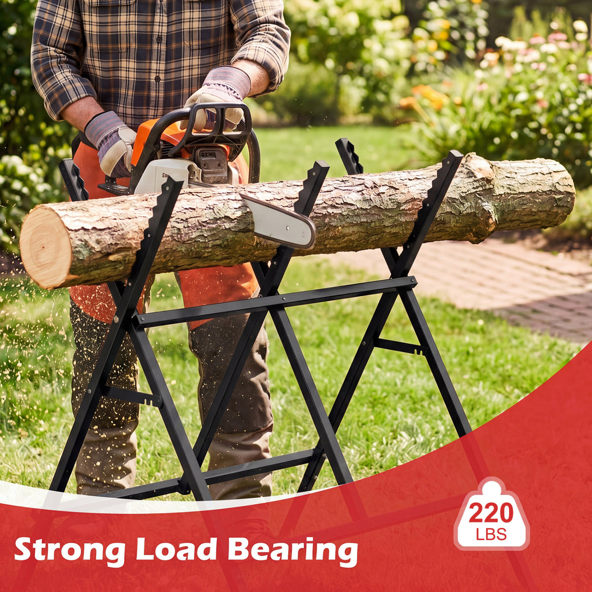 Folding Log Saw Horse with Anti-Slip Sawteeth and Non-Slip Foot Pads