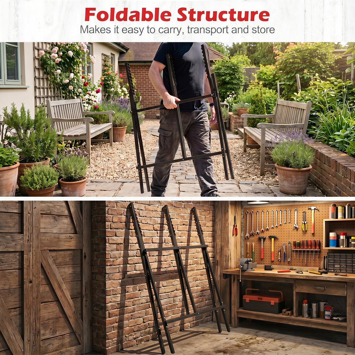 Folding Log Saw Horse with Anti-Slip Sawteeth and Non-Slip Foot Pads