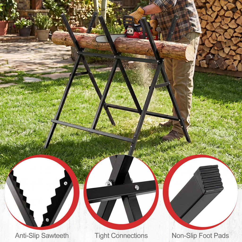 Folding Log Saw Horse with Anti-Slip Sawteeth and Non-Slip Foot Pads