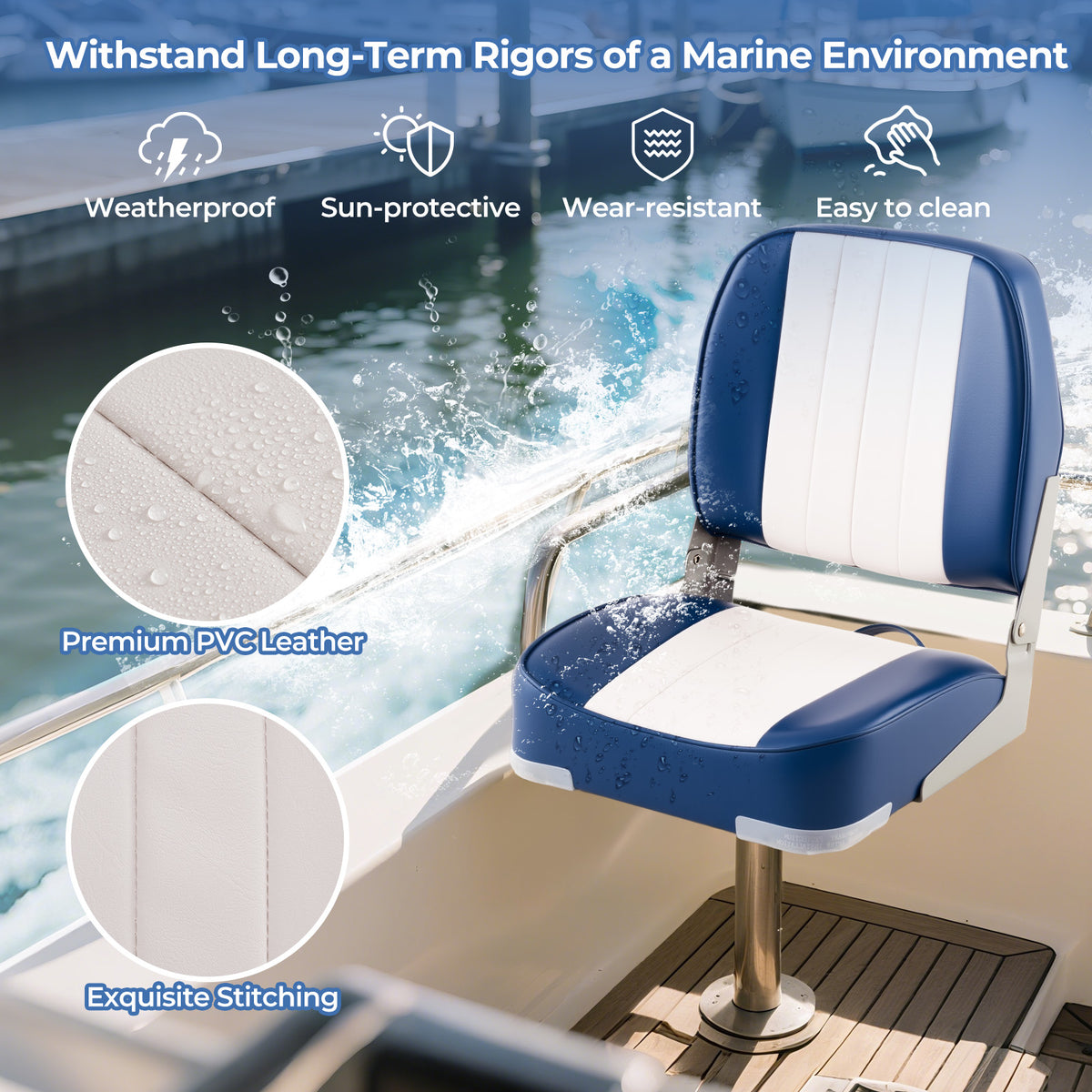 Waterproof PVC Leather Cabin Folding Boat Seat - Low Back, Blue