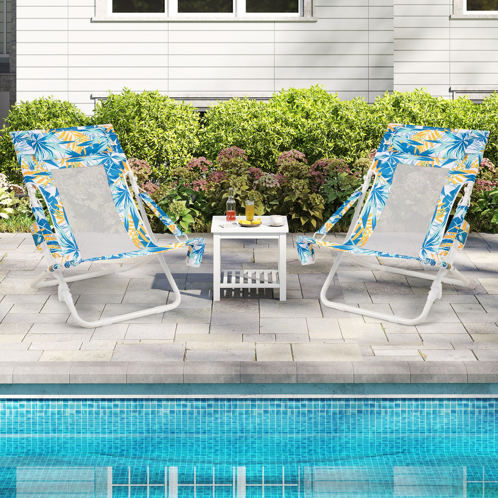 Folding Low Beach Chair Set of 2 Patio Sling Chairs with Padded Head