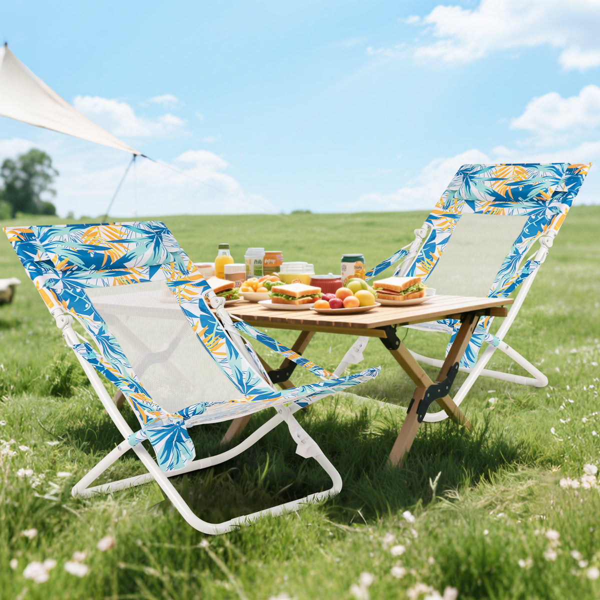 Folding Low Beach Chair Set of 2 Patio Sling Chairs with Padded Head