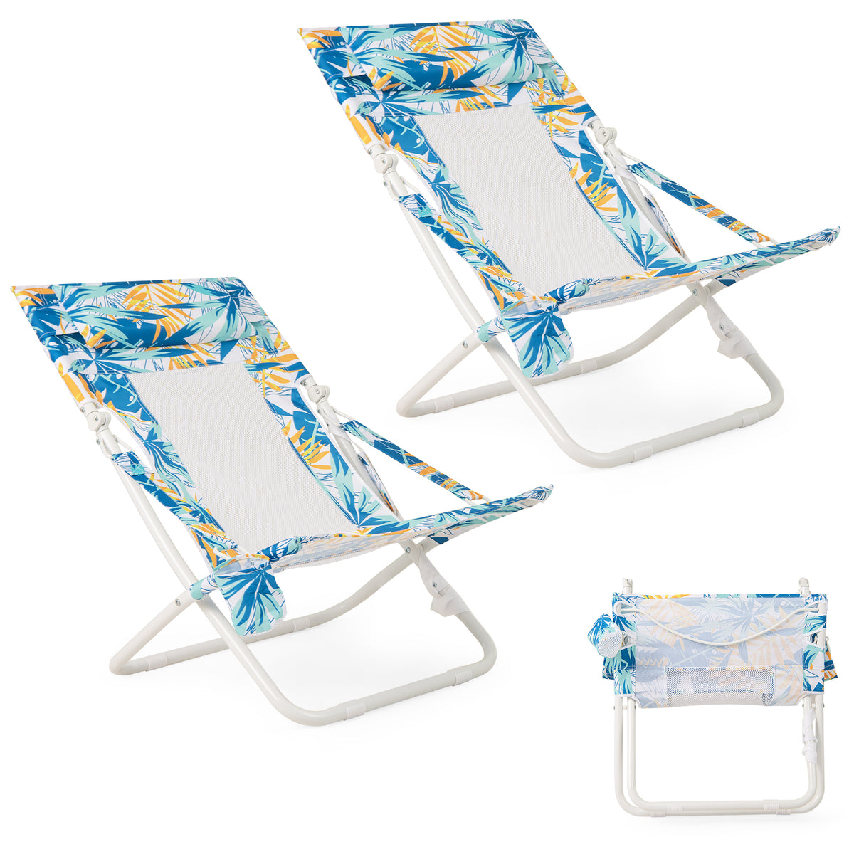 Folding Low Beach Chair Set of 2 Patio Sling Chairs with Padded Head