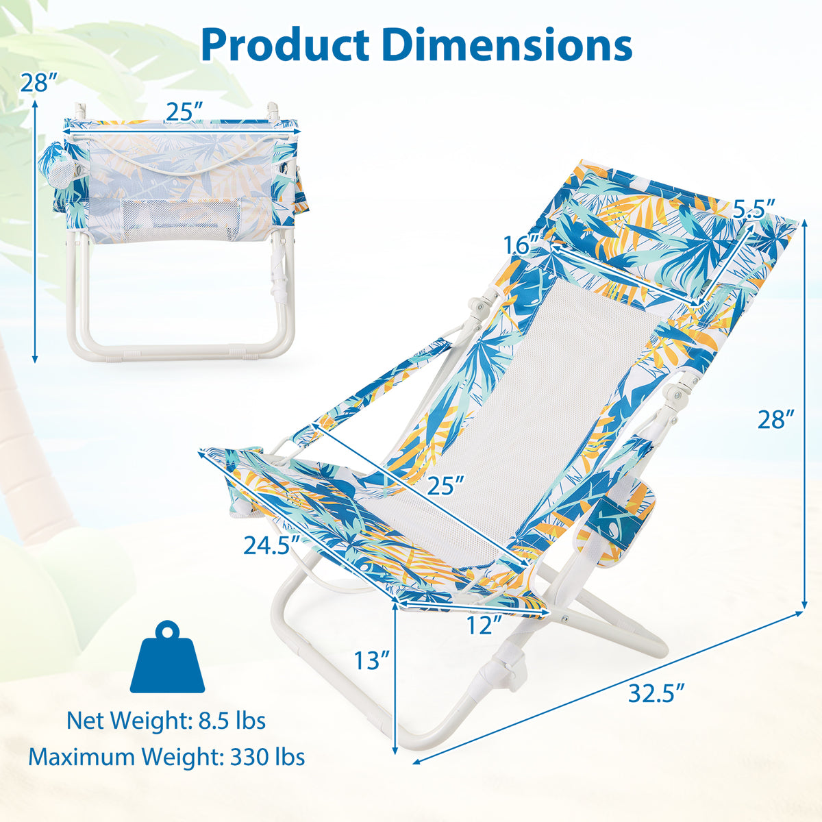 Folding Low Beach Chair Set of 2 Patio Sling Chairs with Padded Head