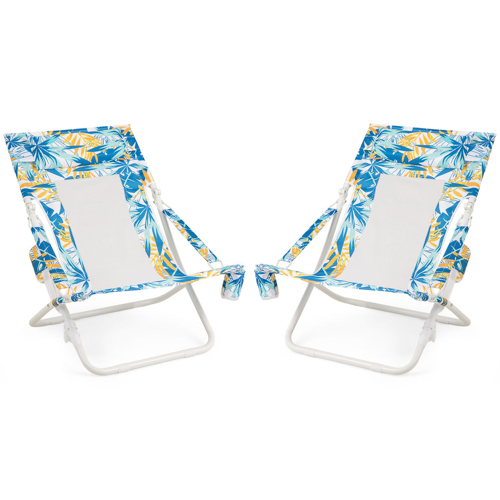 Folding Low Beach Chair Set of 2 Patio Sling Chairs with Padded Head
