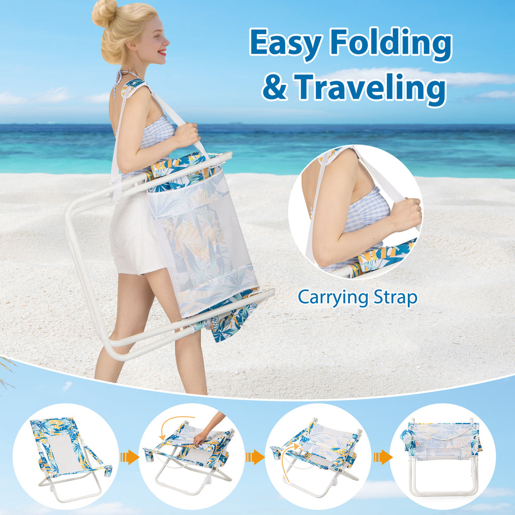 Folding Low Beach Chair Set of 2 Patio Sling Chairs with Padded Head