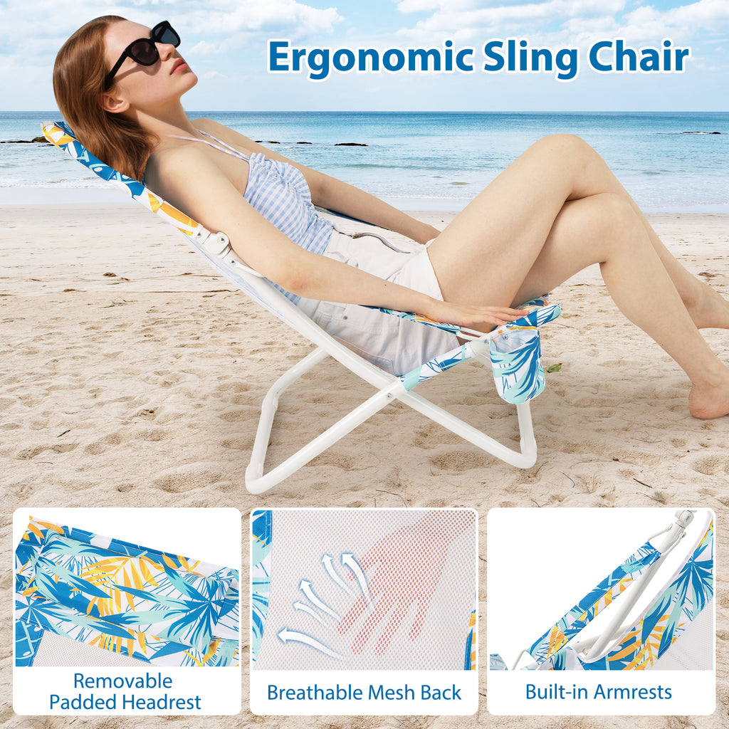 Folding Low Beach Chair Set of 2 Patio Sling Chairs with Padded Head