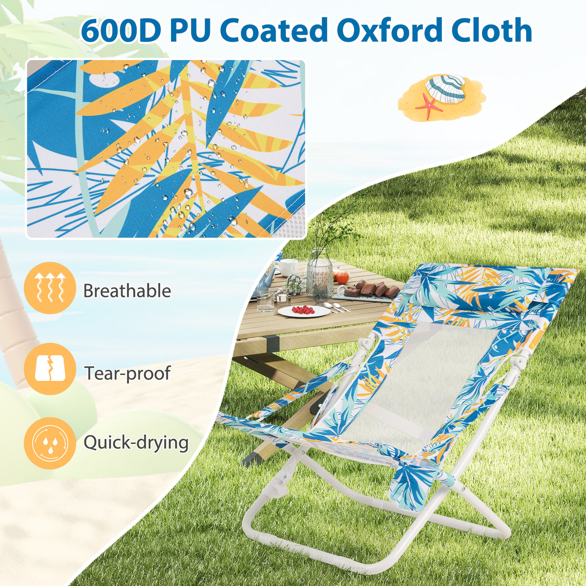 Folding Low Beach Chair Set of 2 Patio Sling Chairs with Padded Head
