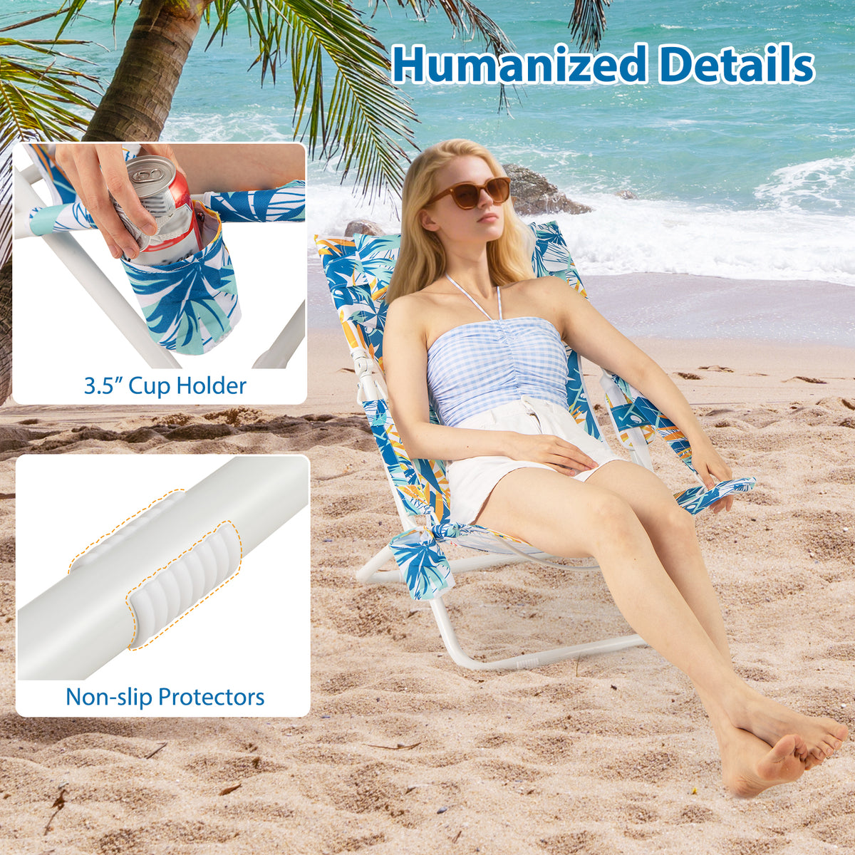 Folding Low Beach Chair Set of 2 Patio Sling Chairs with Padded Head