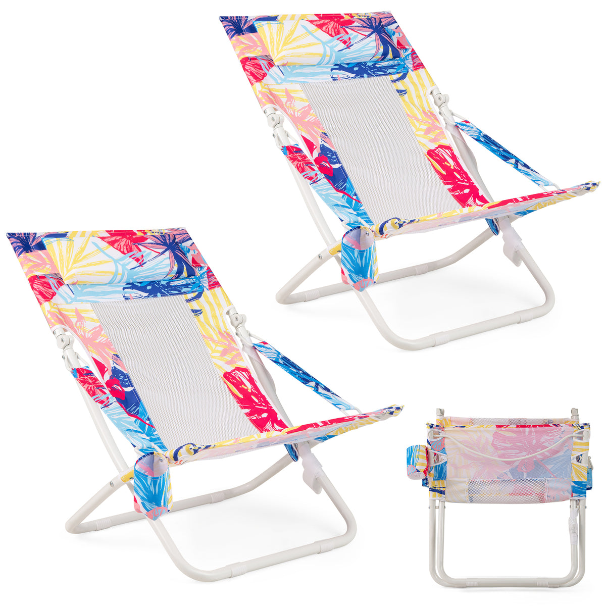 Folding Low Beach Chair Set of 2 Patio Sling Chairs with Padded Head