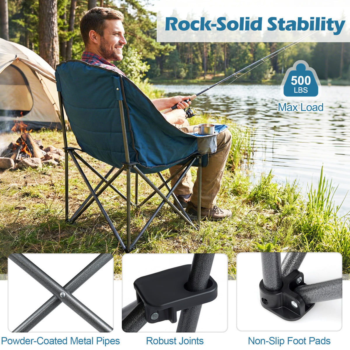 Folding Oversized Camping Chair with Side Pockets and Cup Holder