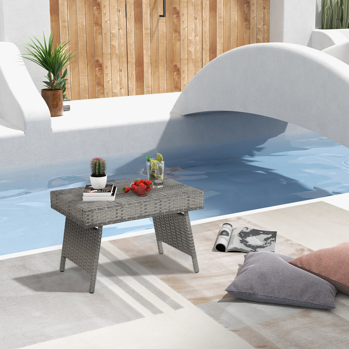 Folding Patio PE Rattan Side Coffee Table - Gray