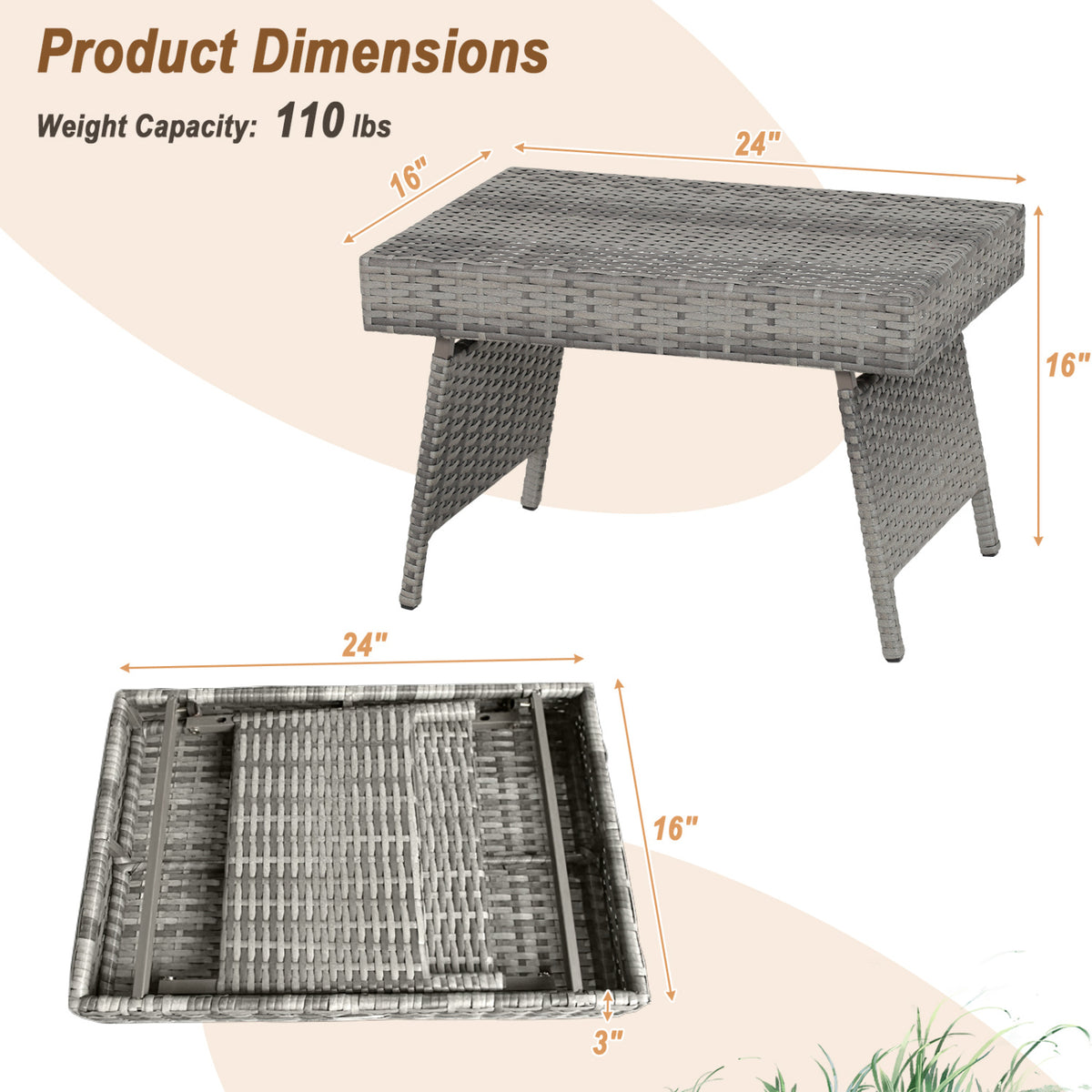 Folding Patio PE Rattan Side Coffee Table - Gray