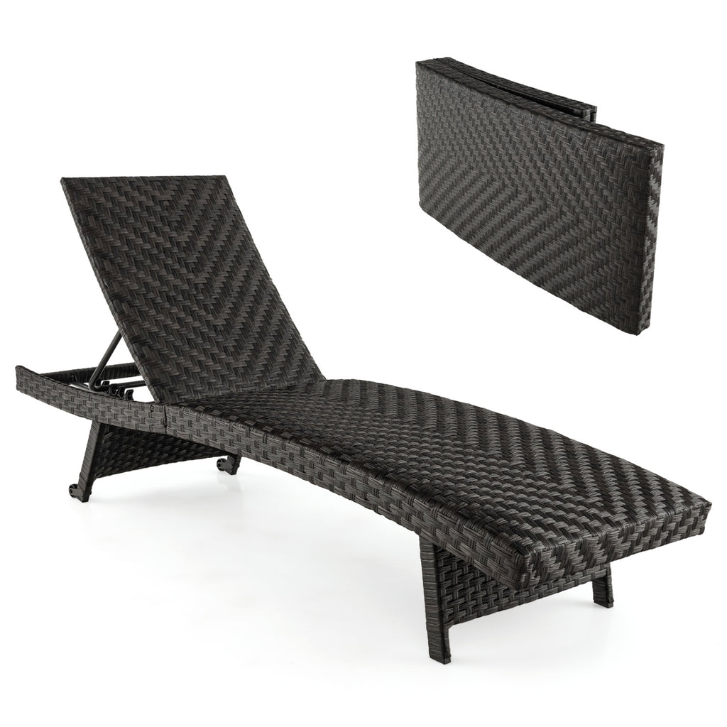 Folding Padded Rattan Patio Chaise Lounge with Adjustable Backrest