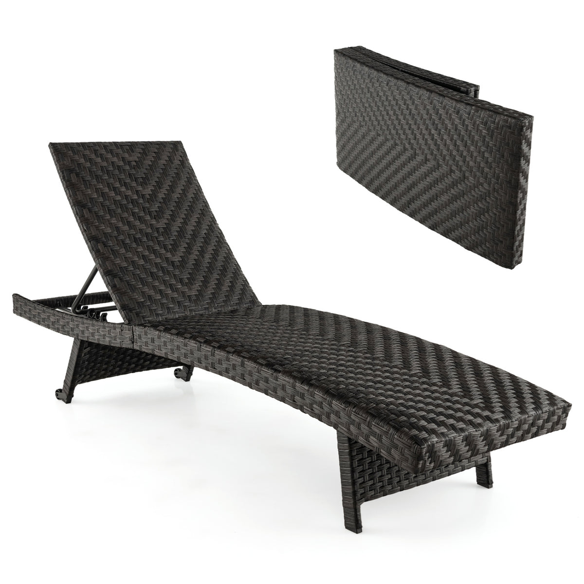 Folding Padded Rattan Patio Chaise Lounge with Adjustable Backrest